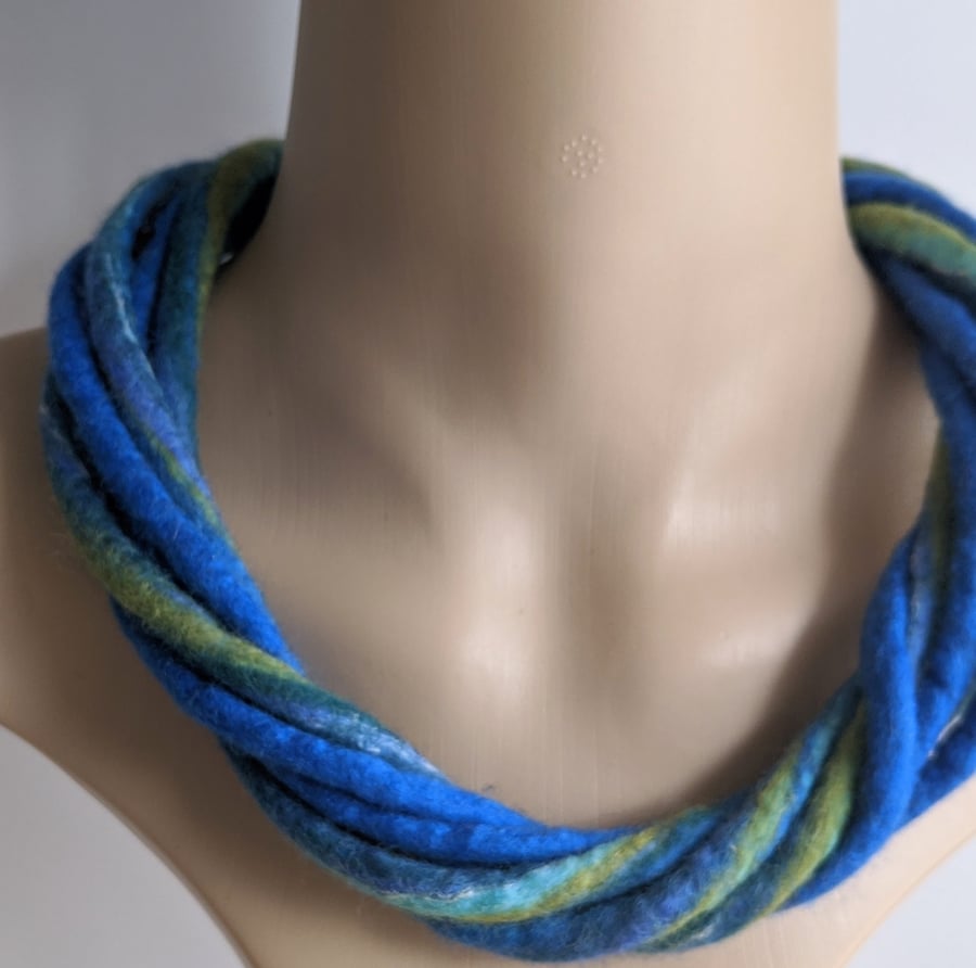 The Chunky Twist: felted cord necklace in shades of blue green yellow