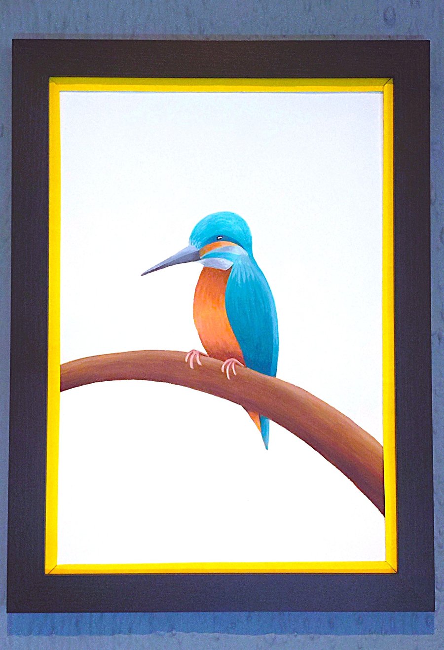 Handmade Unique Framed A3 Print Colourful Kingfisher Yellow Border Wallart Gift