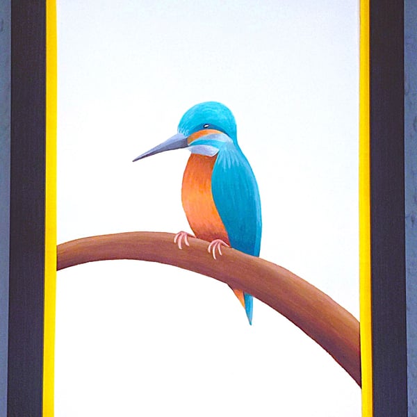 Handmade Unique Framed A3 Print Colourful Kingfisher Yellow Border Wallart Gift