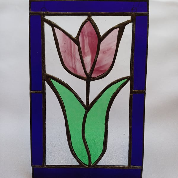Stained glass tulip framed with dark blue glass