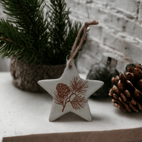 Pine Cones Ceramic Star Double Sided Hanging Christmas Decoration 