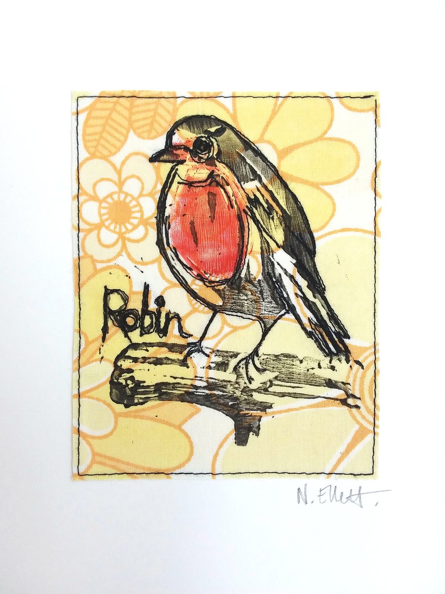 Christmas Robin - framed print on yellow