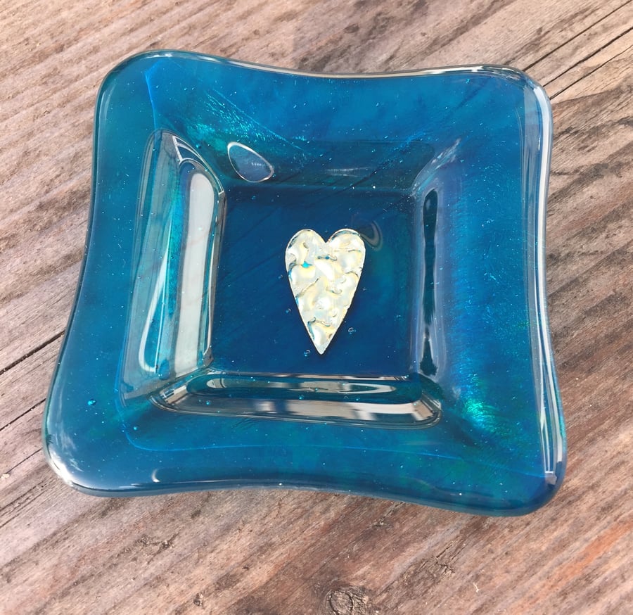 Fused Glass - Teal Trinket Dish or Tea light holder with Brass Heart