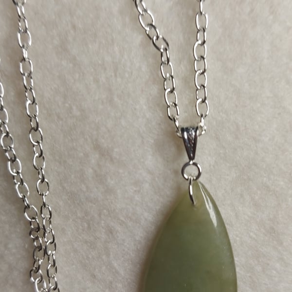 Classic Natural Green Genuine Jade Teardrop Pendant,  Smooth, Minimalist, 