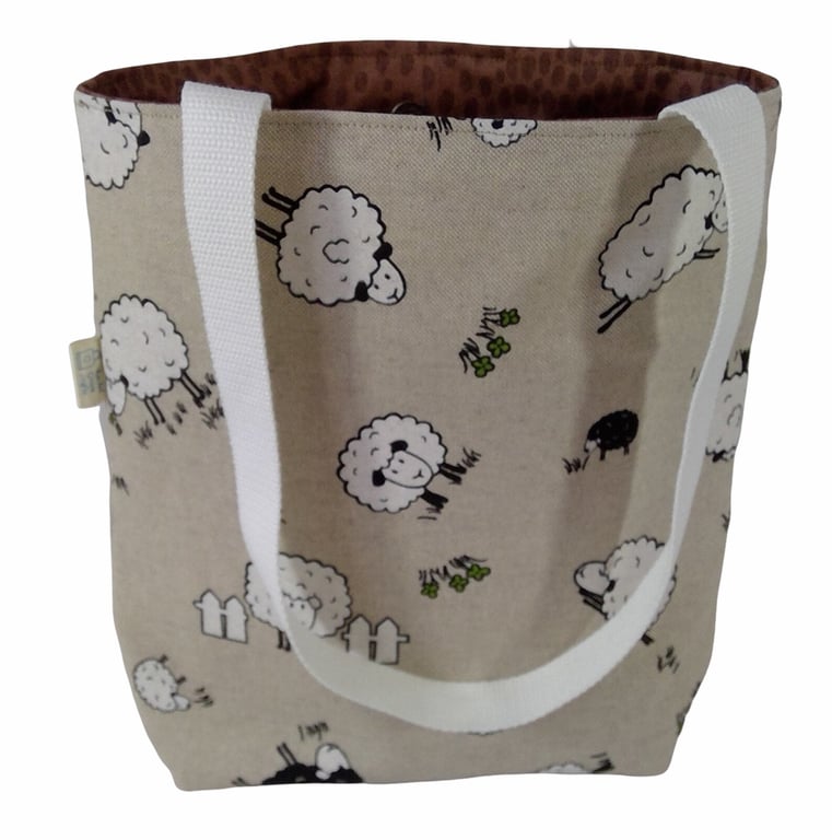 small sheep knitting tote bag, mini lined tote, small canvas shopping bag, girls