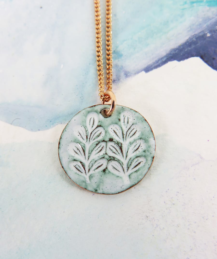 Enamel Pendant Handmade with Leaf Textured Stamped Copper