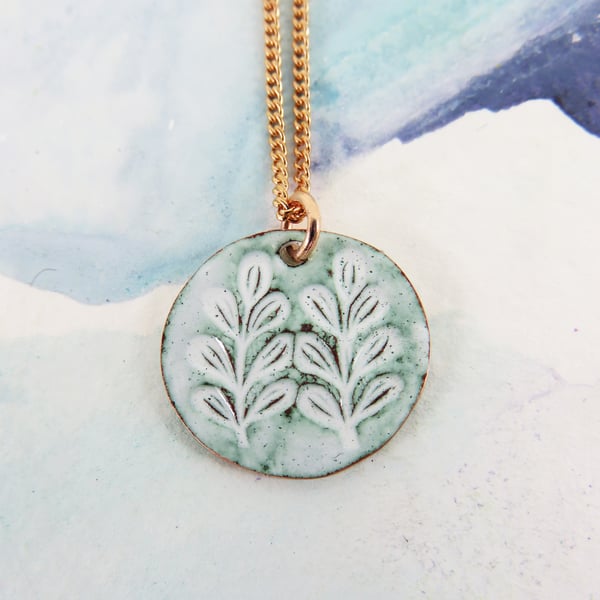 Enamel Pendant Handmade with Leaf Textured Stamped Copper