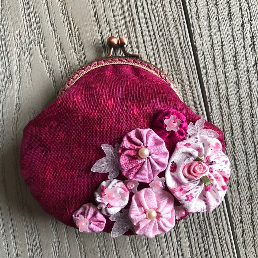 Magenta Keepsake Clasp Purse with Flower Decoration & lavender Filled Lining.