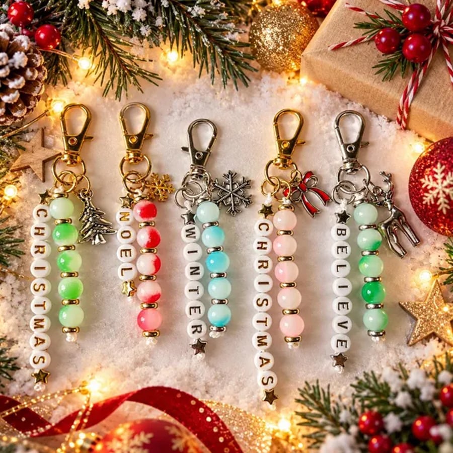 Handmade Christmas Beaded Keyring - Festive Beads, Charms, Gift, Belle and Olive