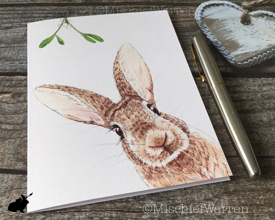 Rabbit Christmas Card. Brown rabbit handmade Christmas card.