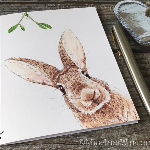 Rabbit Christmas Card. Brown rabbit handmade Christmas card.