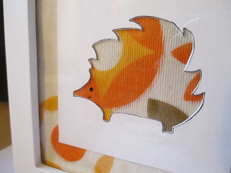 Original framed artwork upcycled vintage fabric hedgehog