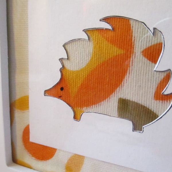 Original framed artwork upcycled vintage fabric hedgehog