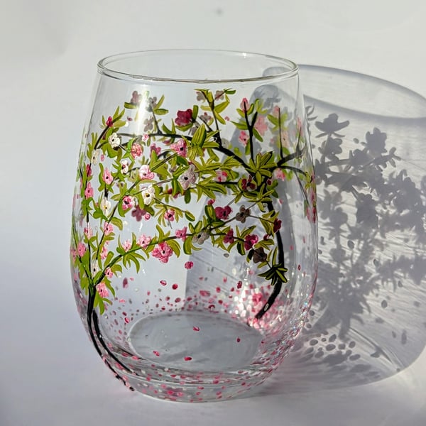 Bespoke Hand Painted Stemless Wine GlassTumbler: Cherry Blossam