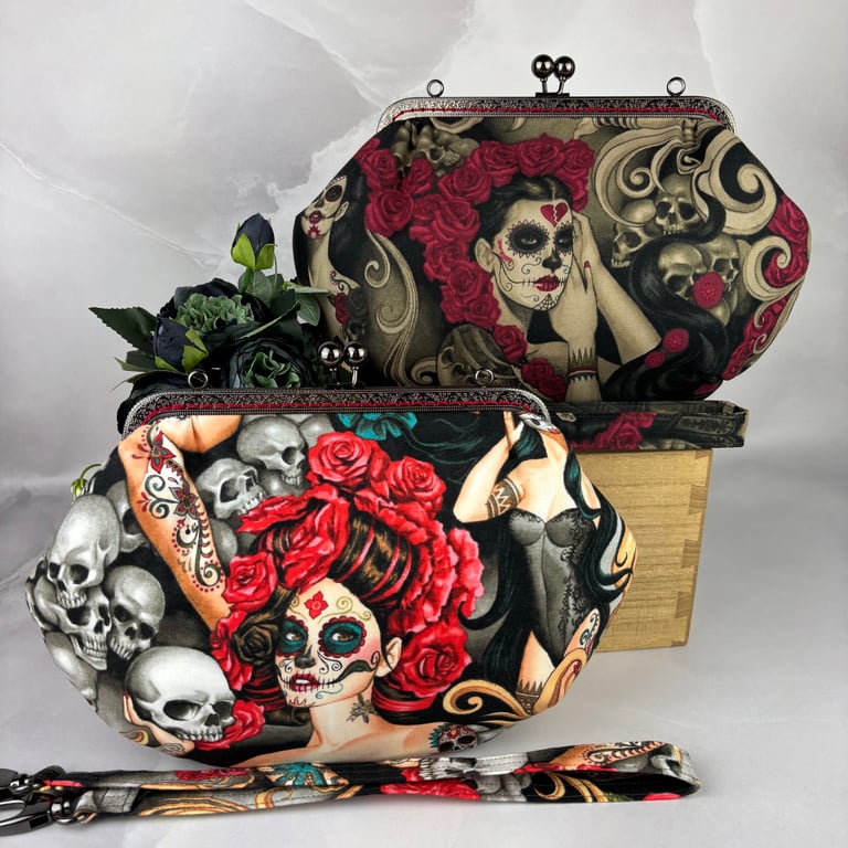 Day of the dead medium clutch bag, Detachable strap, 2 options, Handmade