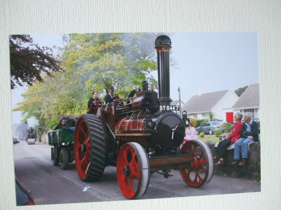 Photographic greetings card of a Steam driven road loco.