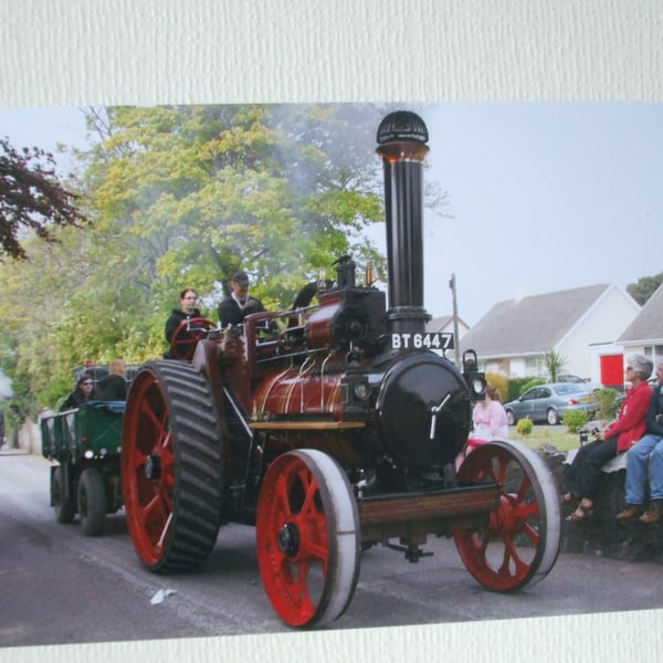 Photographic greetings card of a Steam driven road loco.