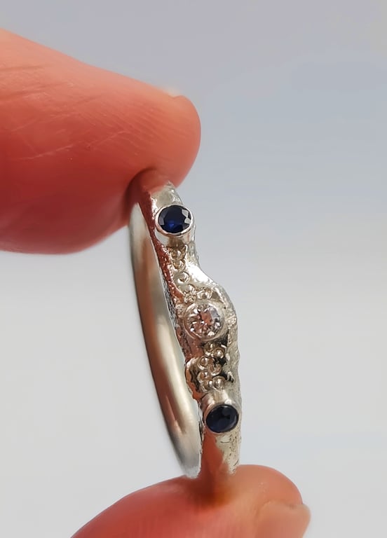 Hand-Forged Molten Sterling Silver Ring - Sapphire & Lab Diamond