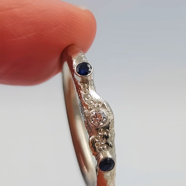 Hand-Forged Molten Sterling Silver Ring - Sapphire & Lab Diamond
