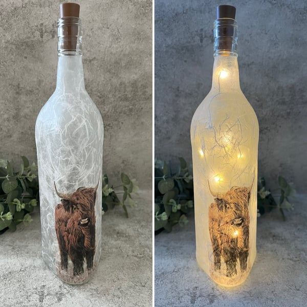 Decoupage Light Up Whiskey Bottle: Highland Cow, Home Decor, Upcycled