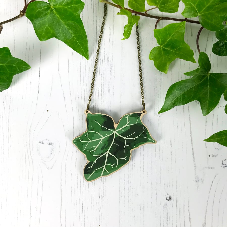 Large Ivy Illustration Wooden Statement Necklace