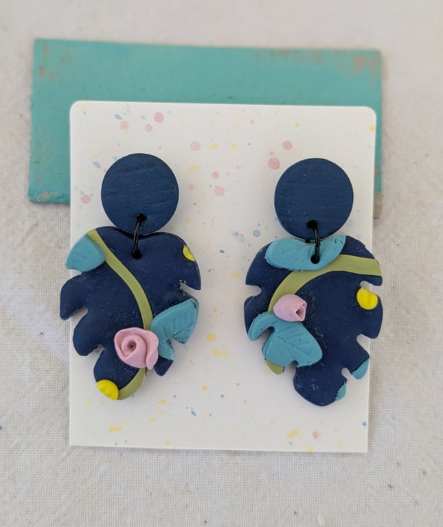 Rosebud polymer clay leaf dangly earrings