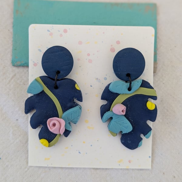 Rosebud polymer clay leaf dangly earrings