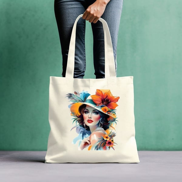 Woman With a Summer Hat Tote  Cotton Shopping Bag.