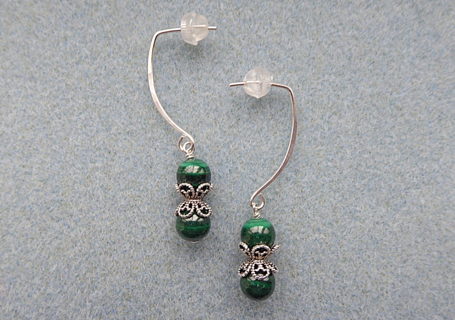 Malachite and Silver Drop Earrings. Sterling Silver.