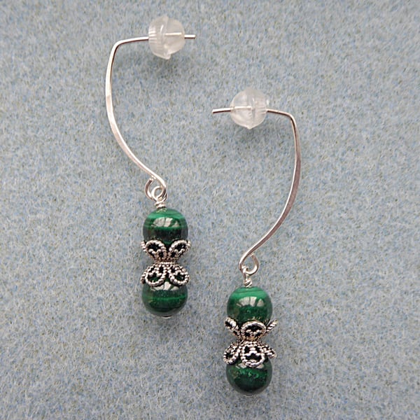 Malachite and Silver Drop Earrings. Sterling Silver.