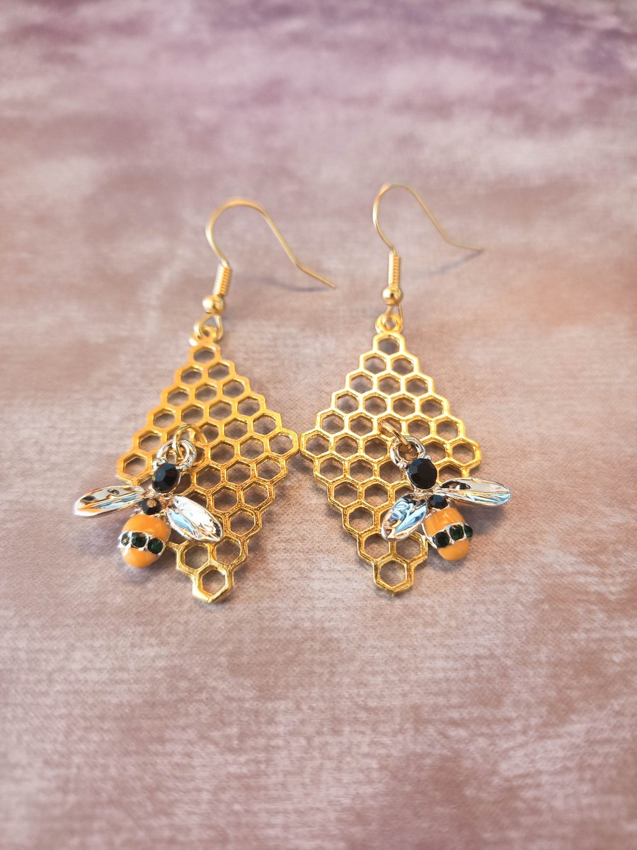 Gold Honeycomb and Bee Dangle earrings