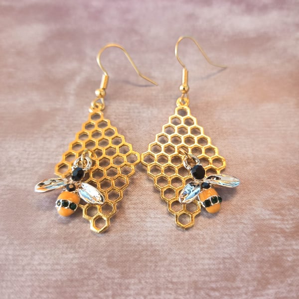 Gold Honeycomb and Bee Dangle earrings