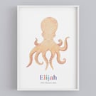 Personalised octopus print: Ocean kids decor, Baby name art, 1st birthday gift