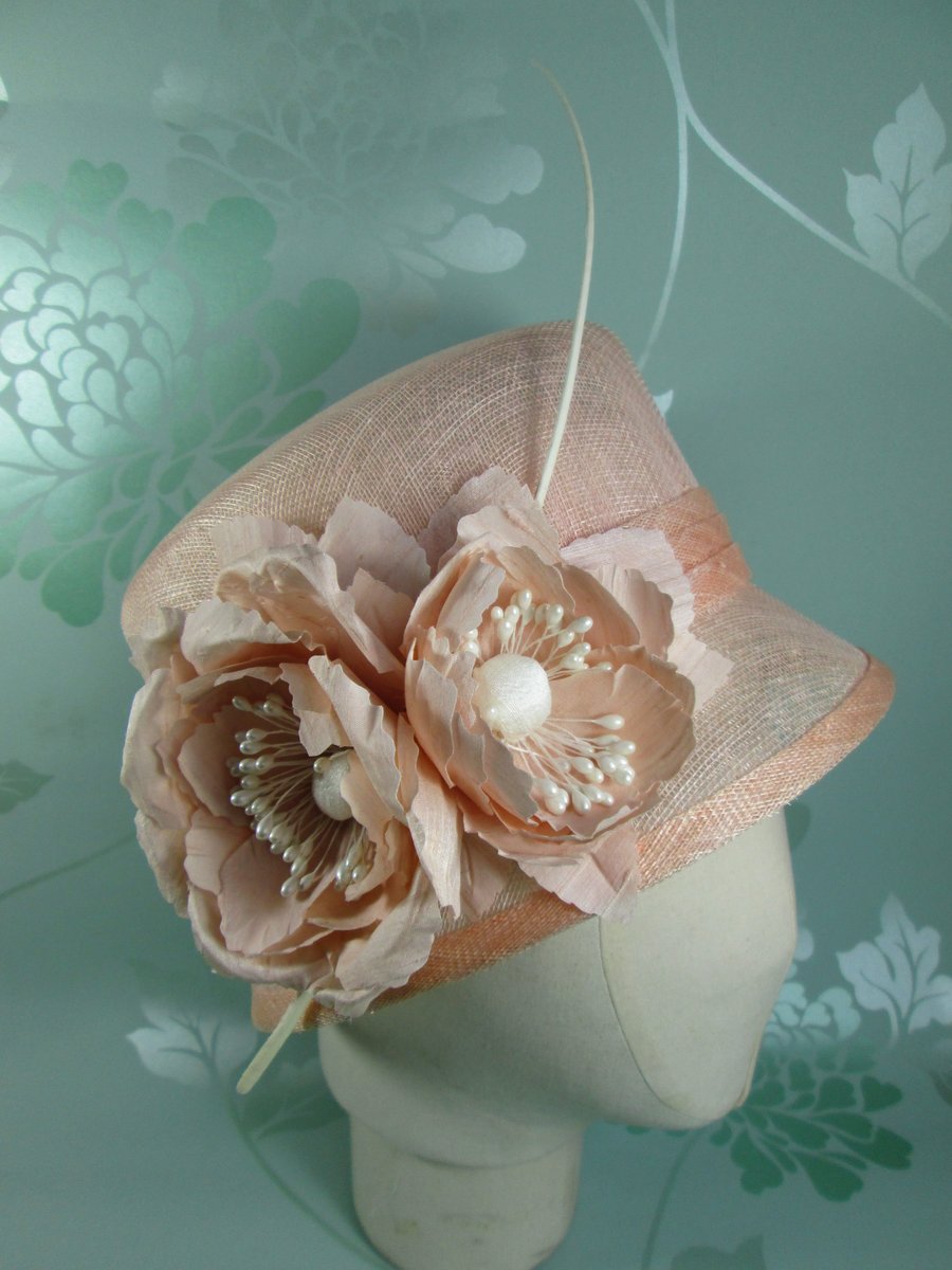 Peach Wedding Hat - Mother of the Bride Hat, Cloche Hat, Silk Flower, Millinery