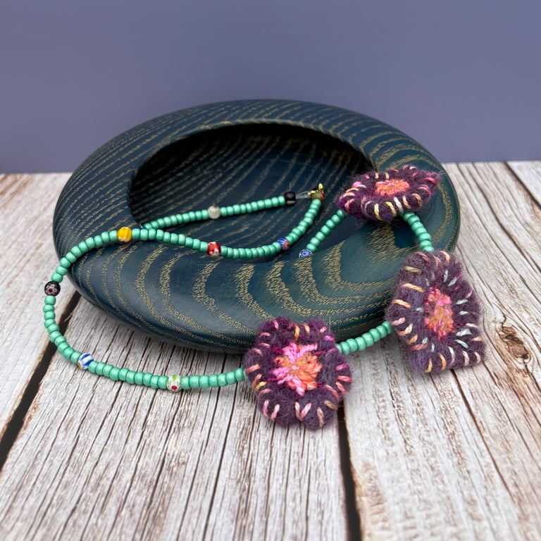 Bead and Felted Charm BoHo style Necklace - Purple Flowers