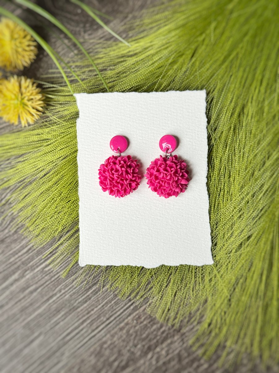 Fuchsia Pink Hydrangea Flower Polymer Clay Earrings 
