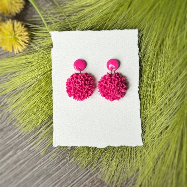 Fuchsia Pink Hydrangea Flower Polymer Clay Earrings 
