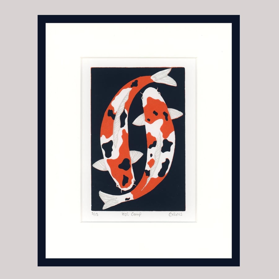 Lino Print, Koi Carp Print, Fish Print, Hand Printed 