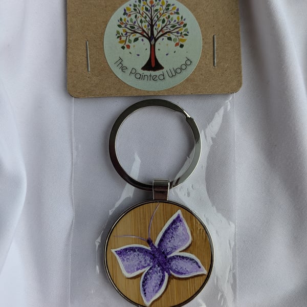 Hand Painted Bamboo & Metal Keyring, Butterfly