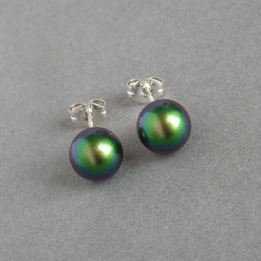 8mm Iridescent Bright Green Pearl Stud Earrings - Round Multi-colour Ball Studs