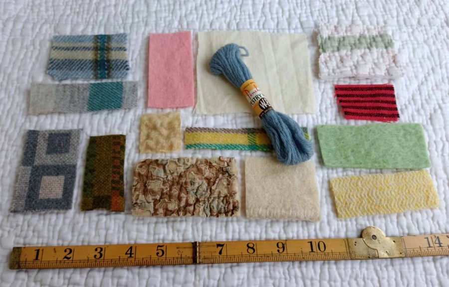 Welsh wool blanket and quilt mini scraps bundle - slow stitching and textile art