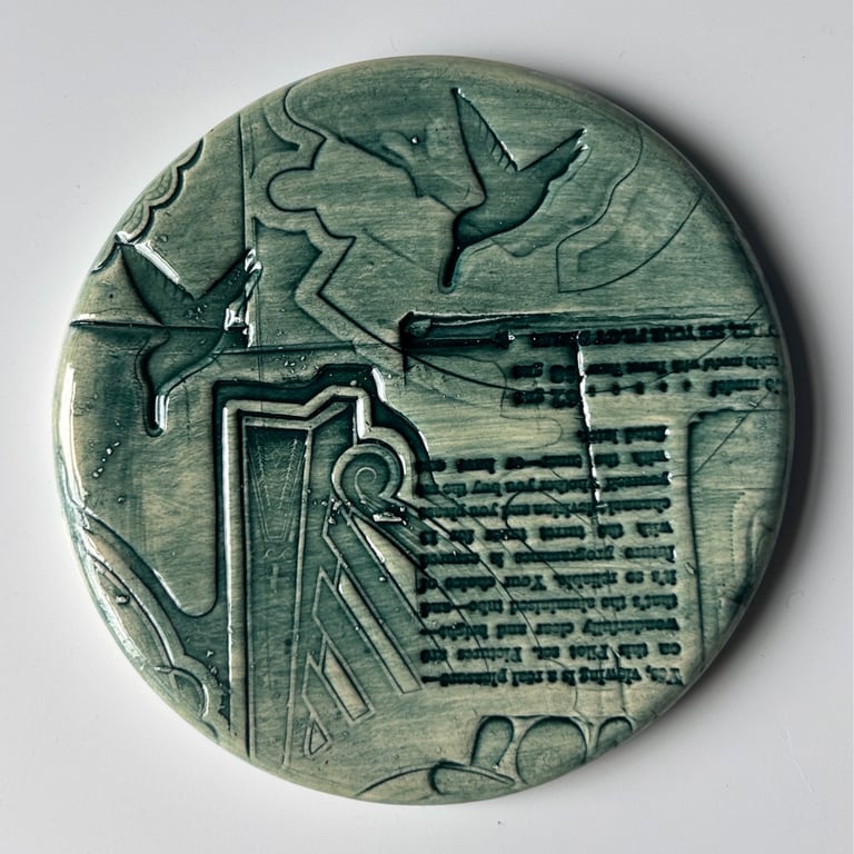 Textured Ceramic Plaque: Harp and Birds