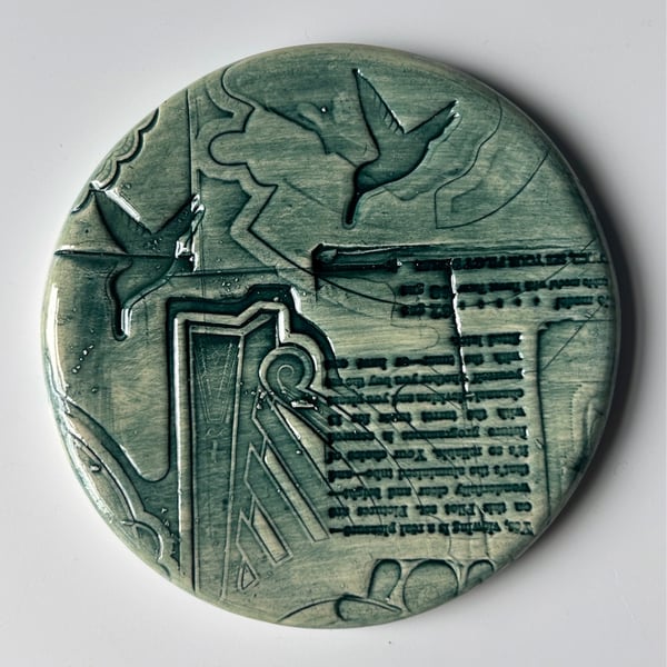 Textured Ceramic Plaque: Harp and Birds
