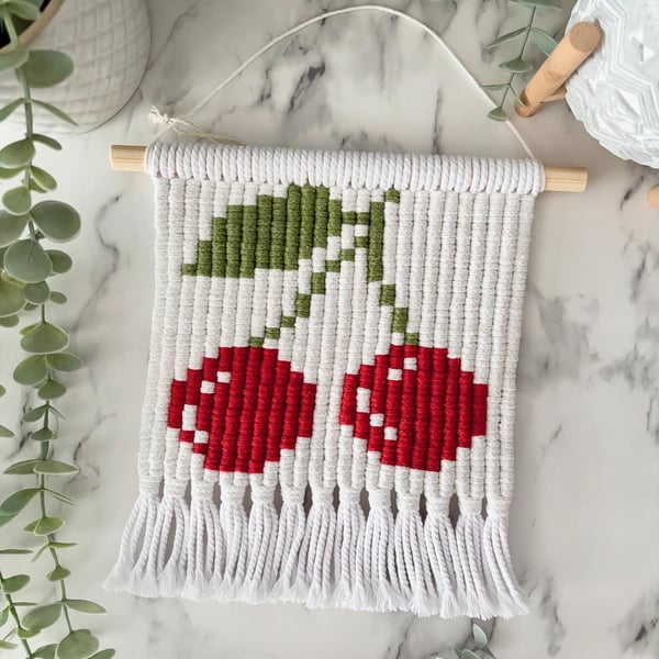 Cherry Macrame Wall Hanging – Handmade Cotton Wall Art