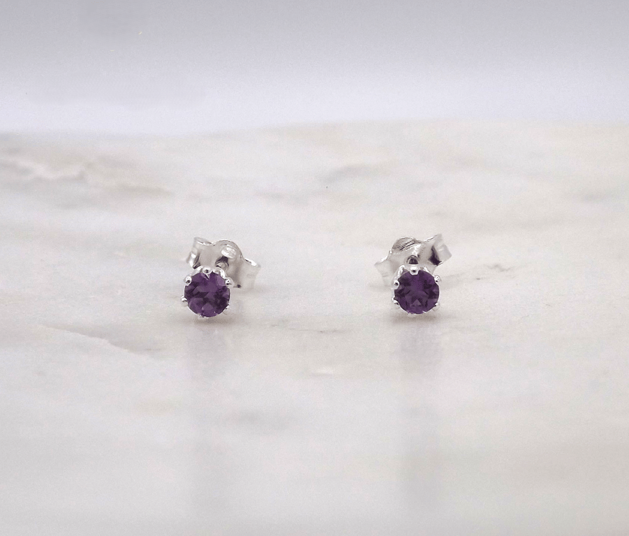 African Amethyst Facet 3mm Gemstone 6 Prong Facet Sterling Silver Stud Earrings.