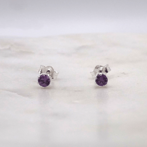 African Amethyst Facet 3mm Gemstone 6 Prong Facet Sterling Silver Stud Earrings.