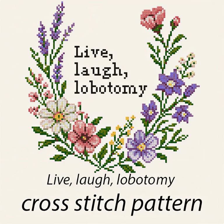Live, laugh, lobotomy counted cross stitch pattern Emailed pdf