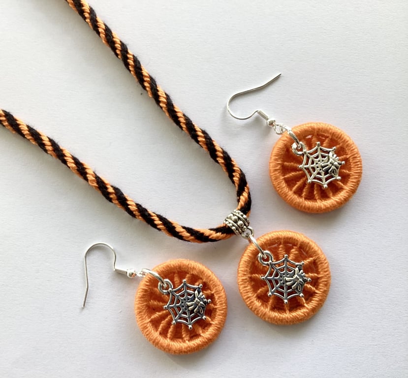 Halloween Jewellery Set, Dorset Button Spider Necklace & Earrings, Orange, Black