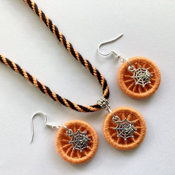 Halloween Jewellery Set, Dorset Button Spider Necklace & Earrings, Orange, Black