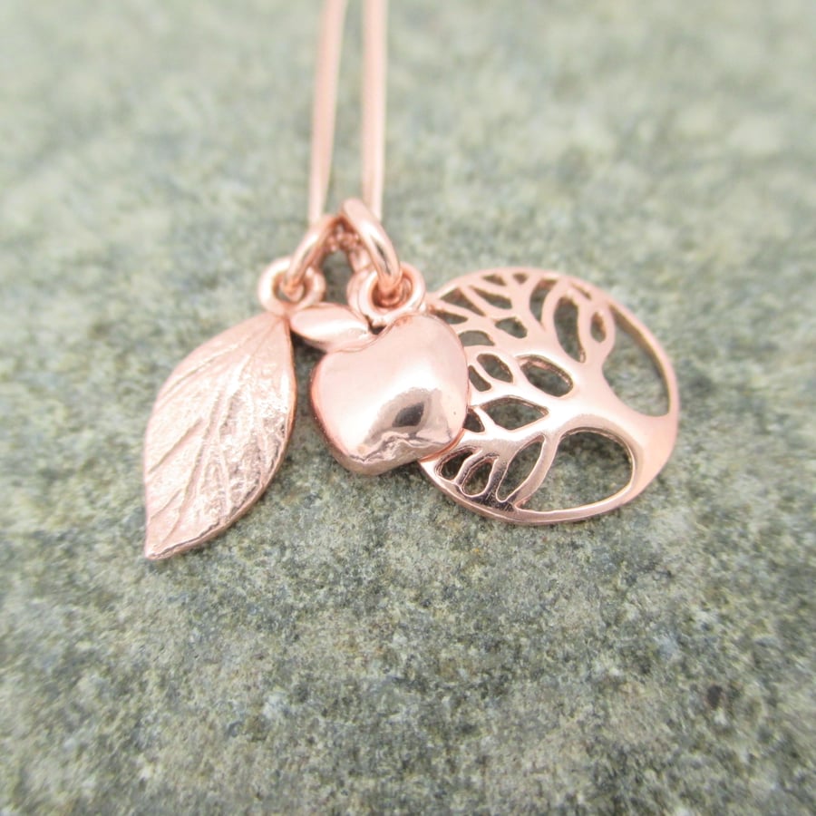 Rose Gold Tree Apple Leaf Necklace Positive Symbols Pendant.Rose Gold  plated Ag